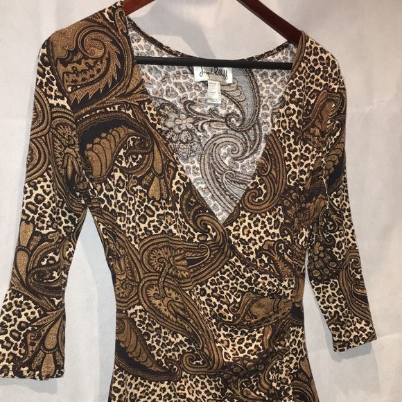 Joseph Ribkoff Dresses & Skirts - Joseph Ribkoff Brown Paisley And Leaopard Print V-Neck 3/4 sleeve Dress | 6